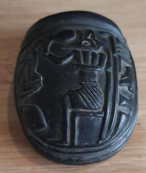 Vintage Hand Carved Stone Sculpture of Egyptian Scarab with Egyptian Details on it`s Back