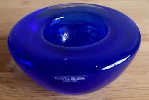 Hand Blown Cobalt Blue Kosta Boda Swirls Tea Light Holder - Marked