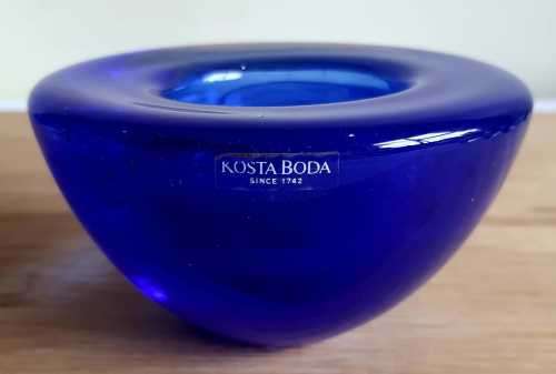 Hand Blown Cobalt Blue Kosta Boda Swirls Tea Light Holder - Marked