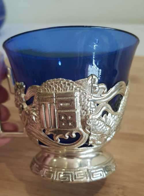 Cobalt Blue Glass Cup in Ornate Sterling Silver Overlaid Cup Holder and Saucer - Marked