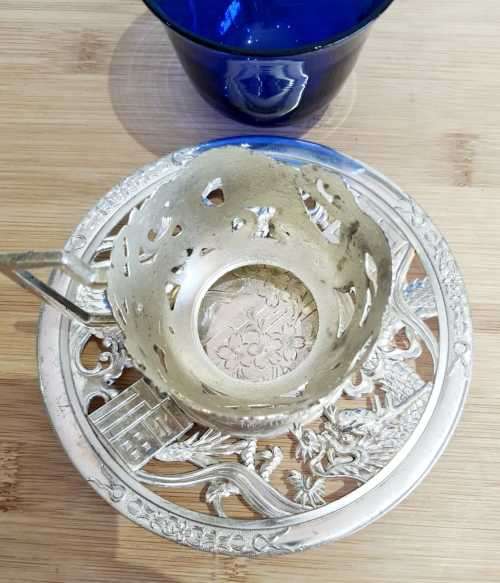 Cobalt Blue Glass Cup in Ornate Sterling Silver Overlaid Cup Holder and Saucer - Marked