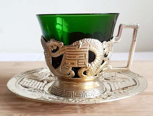 Green Glass Cup in Ornate Sterling Silver Overlaid Cup Holder and Saucer - Marked (1)