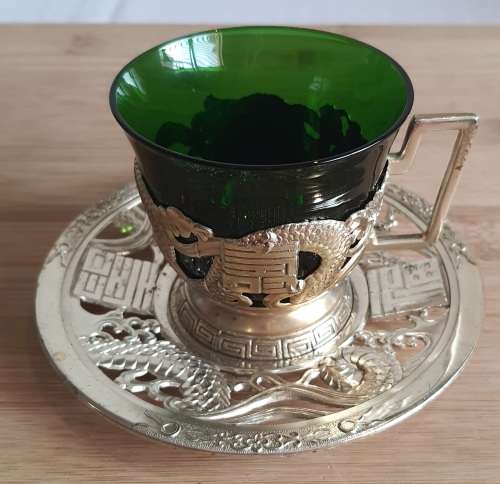 Green Glass Cup in Ornate Sterling Silver Overlaid Cup Holder and Saucer - Marked (1)