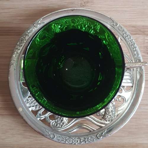 Green Glass Cup in Ornate Sterling Silver Overlaid Cup Holder and Saucer - Marked (1)