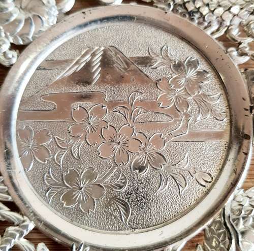 Green Glass Cup in Ornate Sterling Silver Overlaid Cup Holder and Saucer - Marked (1)