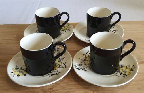 4 Demitasse Cups and Saucers - Scarce JandG Meakin 1960`s Retro Black and Yellow `Lotus`  - Marked