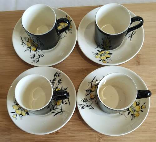 4 Demitasse Cups and Saucers - Scarce JandG Meakin 1960`s Retro Black and Yellow `Lotus`  - Marked