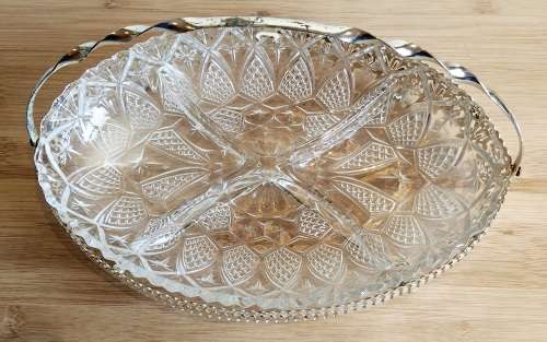 Silver Plated in England Basket with 4 Sectioned Glass Bowl - Marked