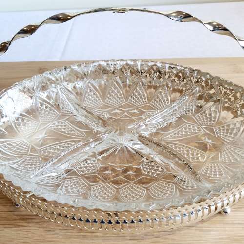 Silver Plated in England Basket with 4 Sectioned Glass Bowl - Marked