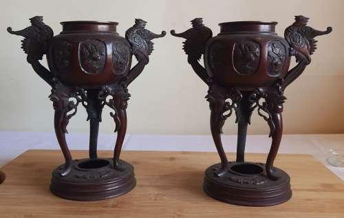 Pair of Large 19th Century Japanese Bronze Censers with Phoenix Decor from Meiji Era