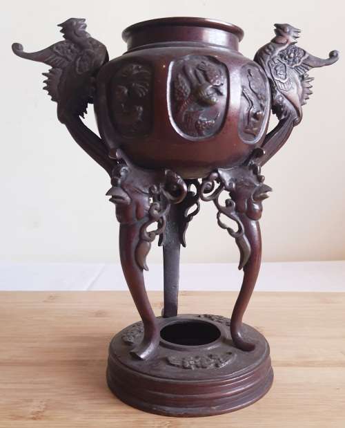 Pair of Large 19th Century Japanese Bronze Censers with Phoenix Decor from Meiji Era