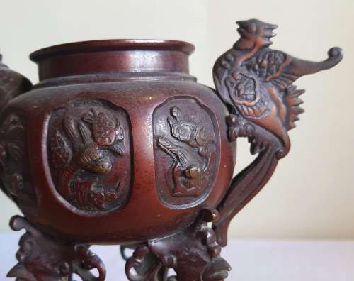 Pair of Large 19th Century Japanese Bronze Censers with Phoenix Decor from Meiji Era