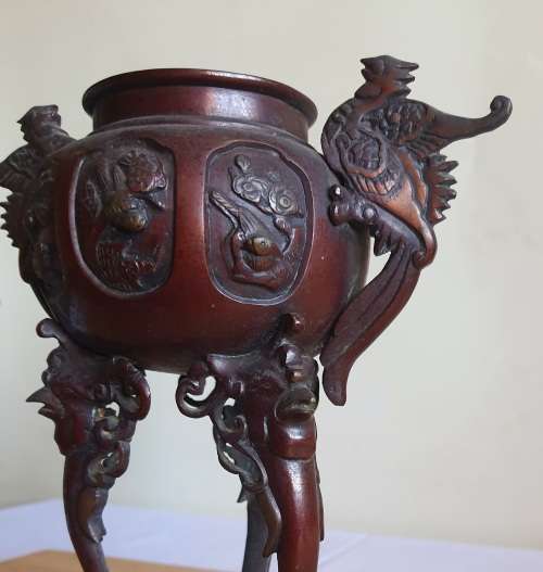 Pair of Large 19th Century Japanese Bronze Censers with Phoenix Decor from Meiji Era
