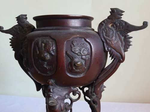 Pair of Large 19th Century Japanese Bronze Censers with Phoenix Decor from Meiji Era