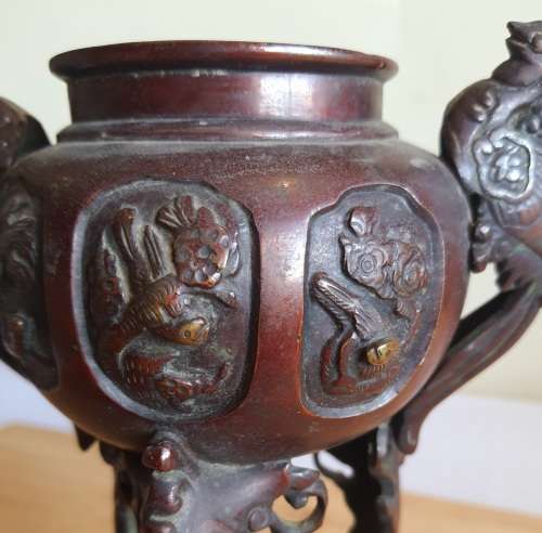 Pair of Large 19th Century Japanese Bronze Censers with Phoenix Decor from Meiji Era