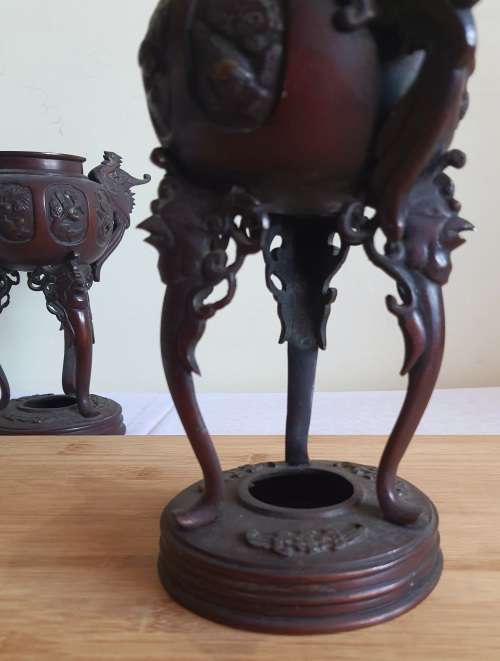 Pair of Large 19th Century Japanese Bronze Censers with Phoenix Decor from Meiji Era