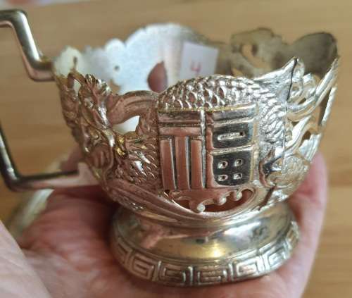 Antique Pink Glass Cup in Ornate Sterling Silver Overlaid Cup Holder and Saucer - Marked (4)
