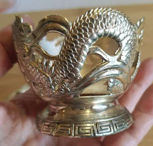 Antique Pink Glass Cup in Ornate Sterling Silver Overlaid Cup Holder and Saucer - Marked (4)