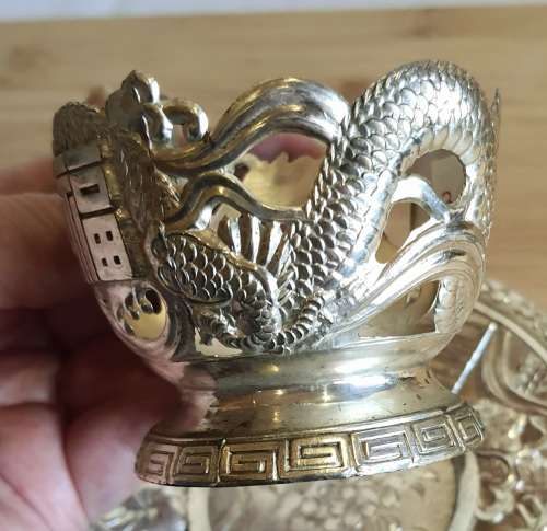 Antique Pink Glass Cup in Ornate Sterling Silver Overlaid Cup Holder and Saucer - Marked (3)