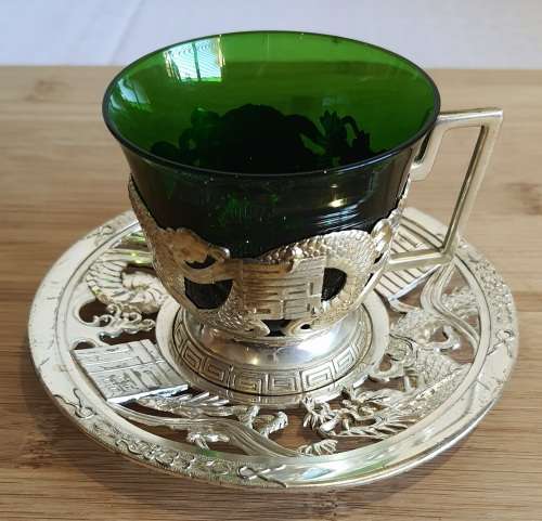 Antique Green Glass Cup in Ornate Sterling Silver Overlaid Cup Holder and Saucer - Marked (2)