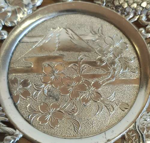 Antique Green Glass Cup in Ornate Sterling Silver Overlaid Cup Holder and Saucer - Marked (2)