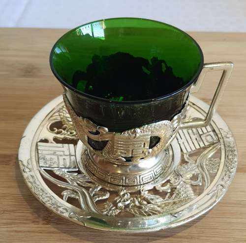 Green Glass Cup in Ornate Sterling Silver Overlaid Cup Holder and Saucer - Marked (1)