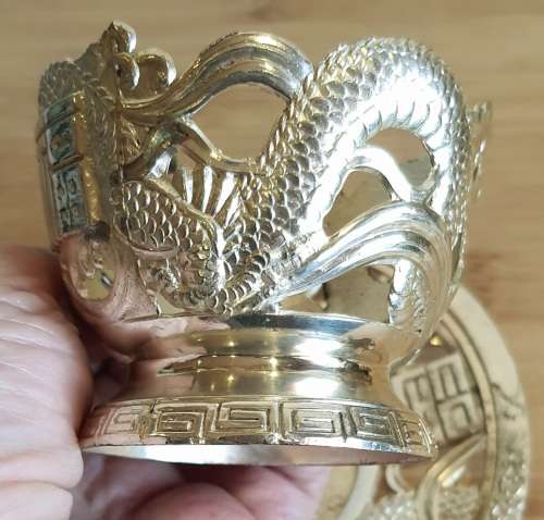 Green Glass Cup in Ornate Sterling Silver Overlaid Cup Holder and Saucer - Marked (1)