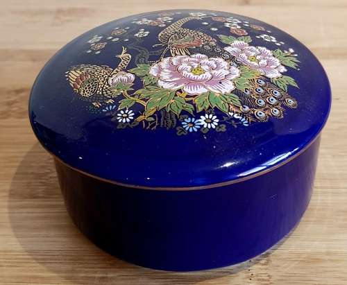 Japanese Hand Painted as Cloisonne Cobalt Blue Trinket Box - Marked - Read Below