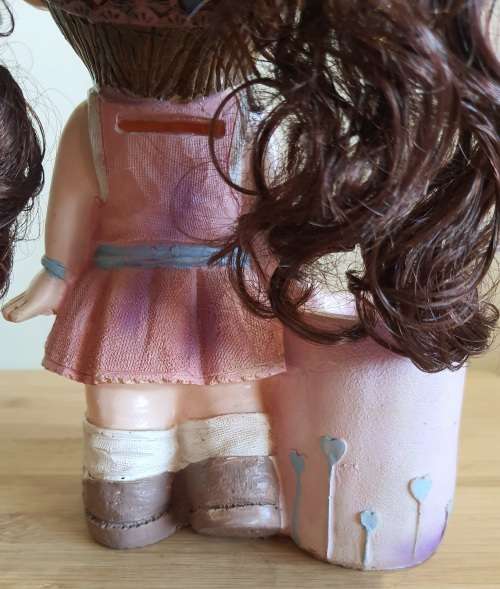 Signed Resin Hand Decorated (incl. Hair) 26cm Cute Doll Pencil Keeper and Money Box