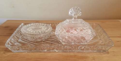 Glass Dresser Tray with Powder Container,Lid and Puff as Well as Ring Holder with Lid