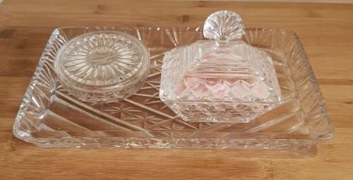 Glass Dresser Tray with Powder Container,Lid and Puff as Well as Ring Holder with Lid