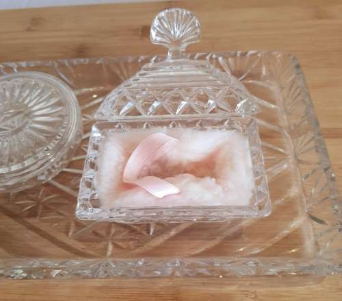 Glass Dresser Tray with Powder Container,Lid and Puff as Well as Ring Holder with Lid