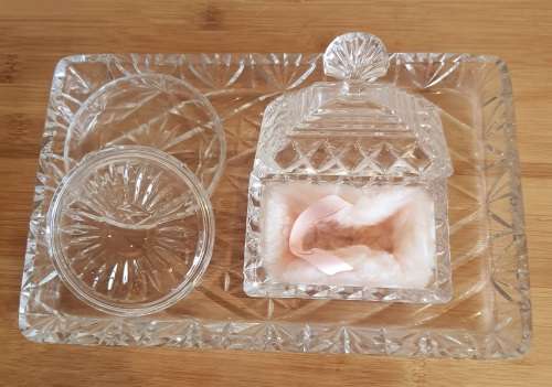Glass Dresser Tray with Powder Container,Lid and Puff as Well as Ring Holder with Lid