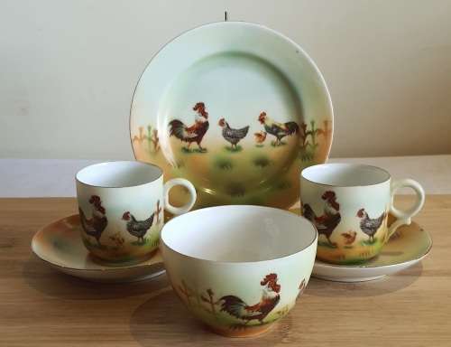 Eye Catching Pair Demitasse Duos, Sugar Bowl and Biscuit Plate in Eggshell Porcelain - 1 Bid for ALL