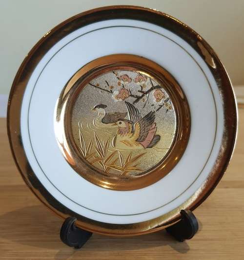 Metal Engraved Japanese CHOKIN 24kt Gold Ducks Plate with Stand - Marked