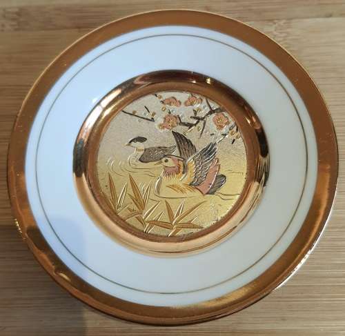 Metal Engraved Japanese CHOKIN 24kt Gold Ducks Plate with Stand - Marked