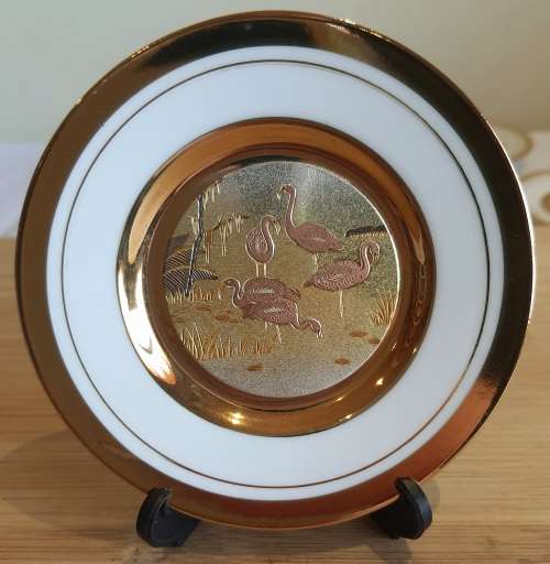 Metal Engraved Japanese CHOKIN 24kt Gold Flamingos Plate with Stand - Marked