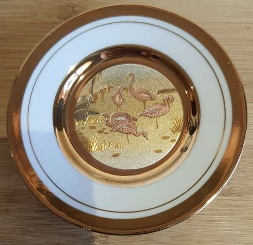 Metal Engraved Japanese CHOKIN 24kt Gold Flamingos Plate with Stand - Marked