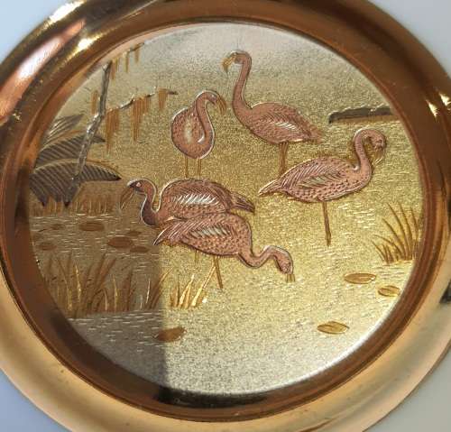 Metal Engraved Japanese CHOKIN 24kt Gold Flamingos Plate with Stand - Marked