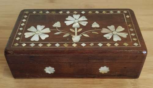 Gorgeous Hand Carved Wood with Genuine Mother of Pearl Inlay Trinket Box