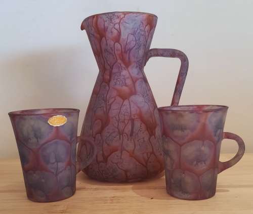Israeli Artist Kera Suchit Yehud Hand Painted Satin Glass Jug and 2 Cups - Marked - Read Below