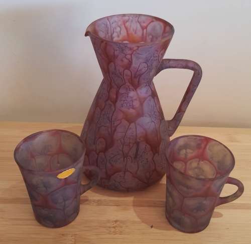Israeli Artist Kera Suchit Yehud Hand Painted Satin Glass Jug and 2 Cups - Marked - Read Below