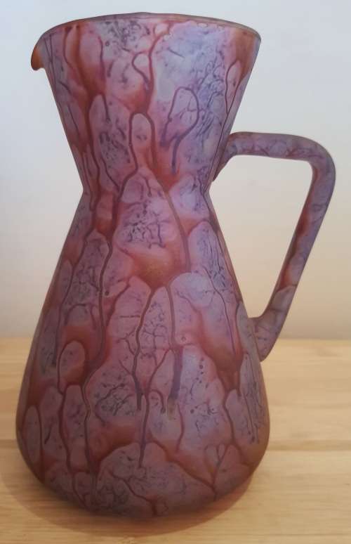 Israeli Artist Kera Suchit Yehud Hand Painted Satin Glass Jug and 2 Cups - Marked - Read Below