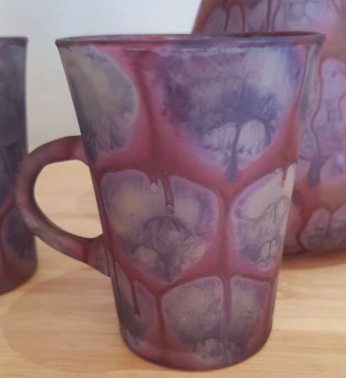 Israeli Artist Kera Suchit Yehud Hand Painted Satin Glass Jug and 2 Cups - Marked - Read Below