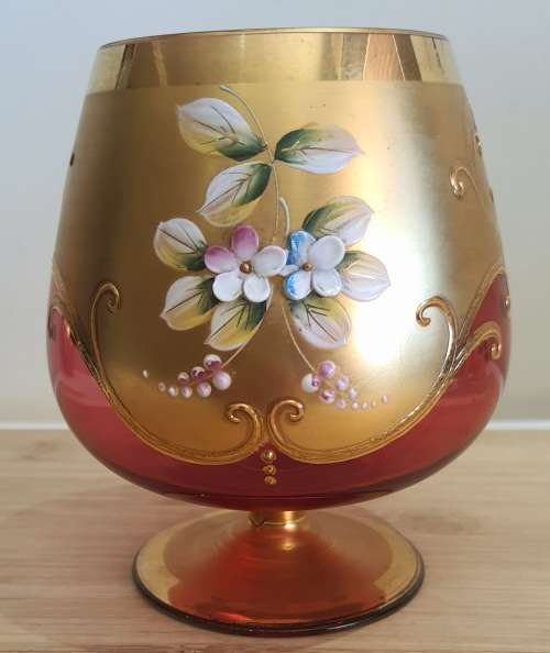 Murano Glass Hand Blown and Painted Cranberry and Gilt Goblet/Vase