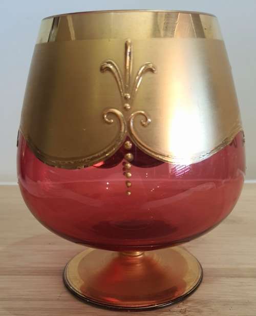 Murano Glass Hand Blown and Painted Cranberry and Gilt Goblet/Vase