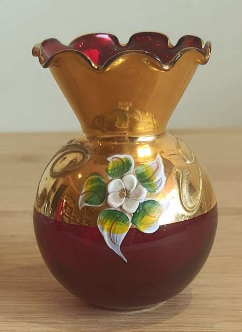 Murano Glass Hand Blown and Painted Ruby Red and Gilt Bud Vase with Scallops