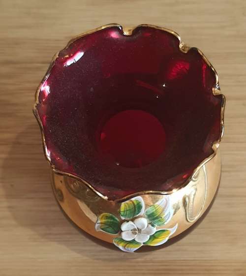 Murano Glass Hand Blown and Painted Ruby Red and Gilt Bud Vase with Scallops