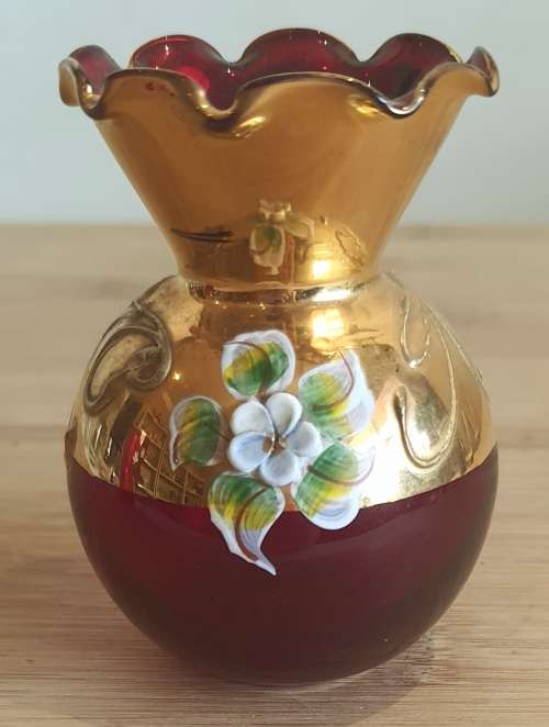 Murano Glass Hand Blown and Painted Ruby Red and Gilt Bud Vase with Scallops