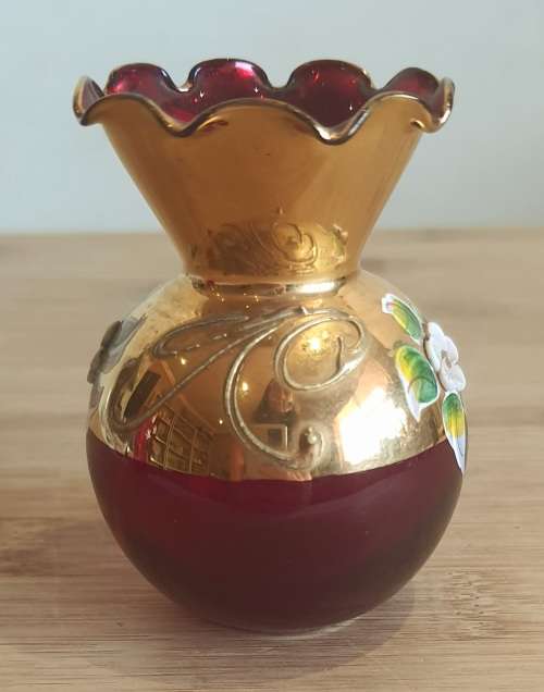 Murano Glass Hand Blown and Painted Ruby Red and Gilt Bud Vase with Scallops